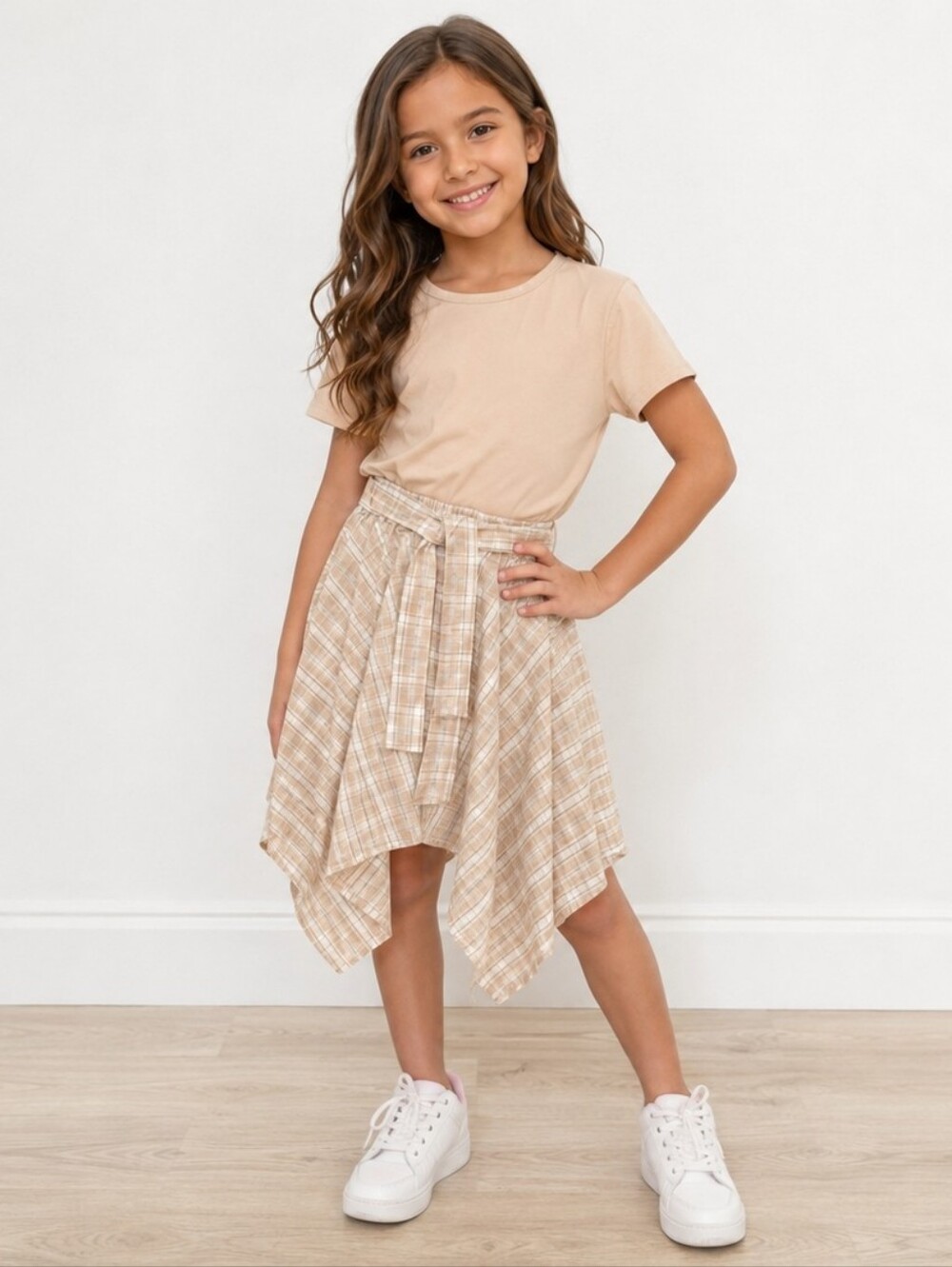 Pat PatGirls Beige Plaid Handkerchief Hem Skirt with Tie Waist And Classic Tan T